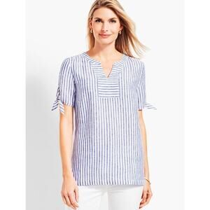 Talbots Linen White blue stripe tie sleeve top SIze XS‎